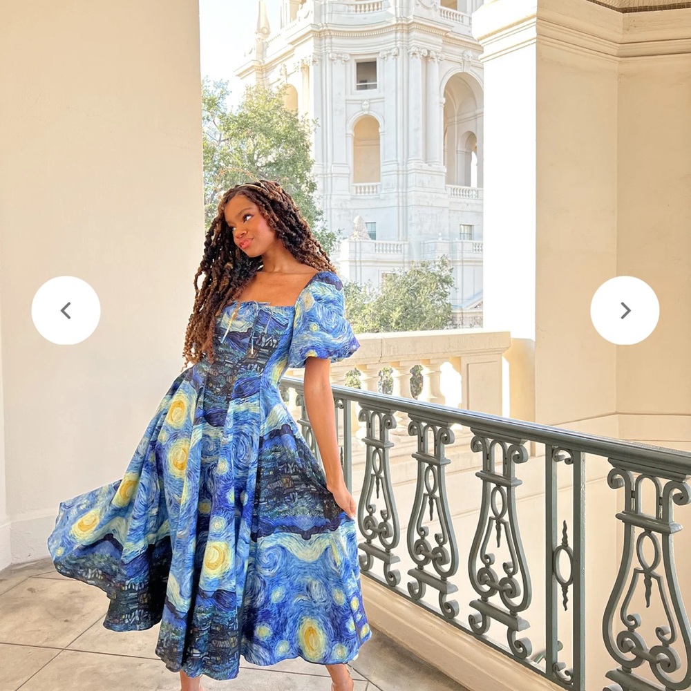 Selkie Blue and Yellow Starry Night Midi Day Dress